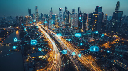 Fototapeta premium Abstract business man stands on the peak of success amid tall, innovative Smart city and graphs with statistics to analyze business potential and predict future developments in company growth.