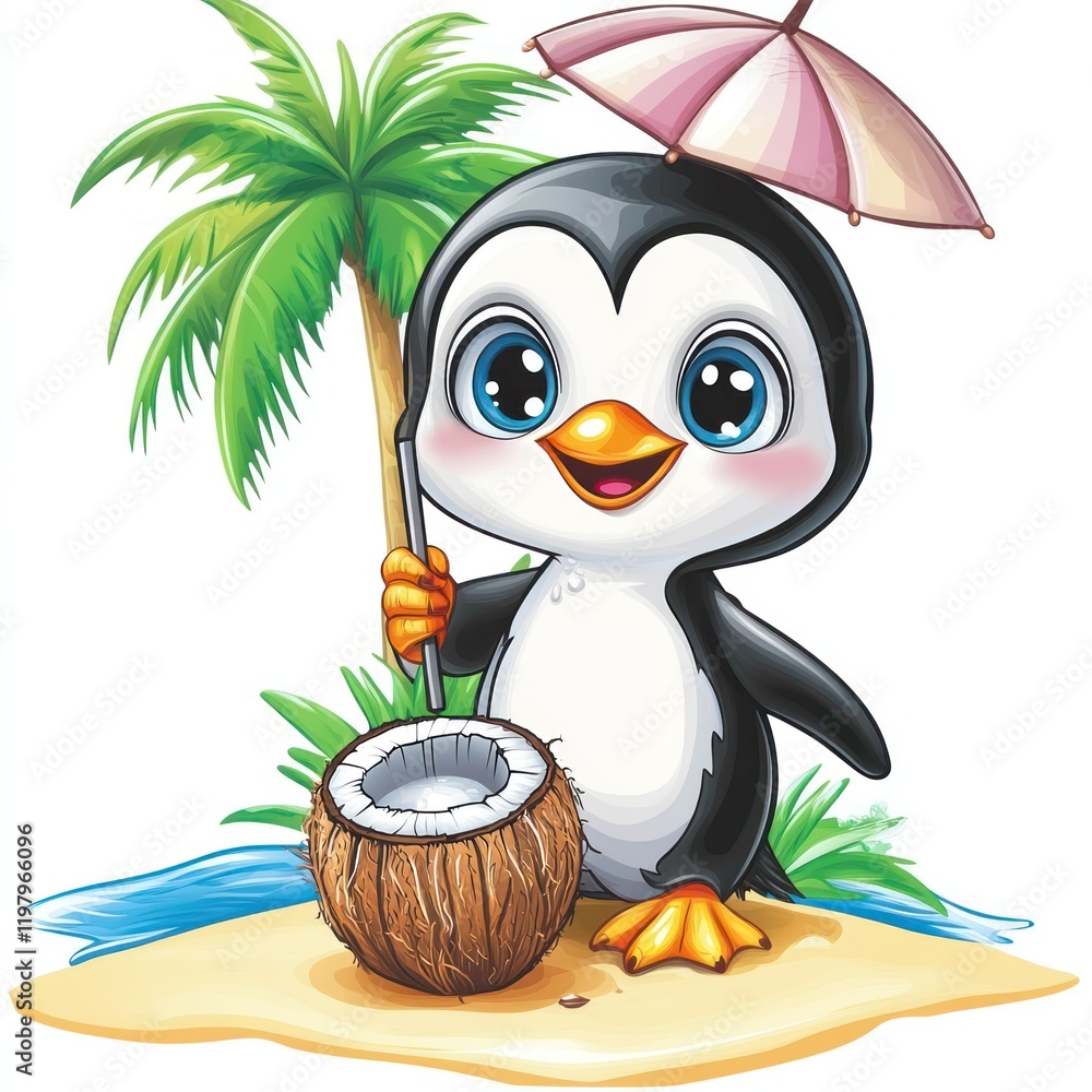 Poster penguin with umbrella, drinks from a coconut on a beach with a palm tree. possible use kids' art