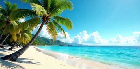 Fototapeta premium Serene beach scene with palm trees swaying in the gentle ocean breeze, serenity, palm trees, landscape