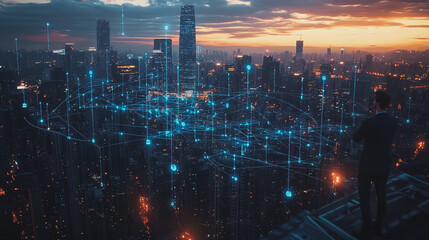 Fototapeta premium Abstract business man stands on the peak of success amid tall, innovative Smart city and graphs with statistics to analyze business potential and predict future developments in company growth.