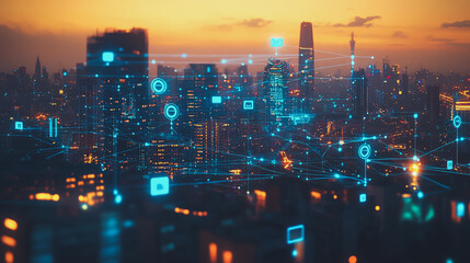 Fototapeta premium Abstract business man stands on the peak of success amid tall, innovative Smart city and graphs with statistics to analyze business potential and predict future developments in company growth.