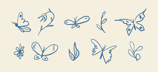 Set of butterflies and plants icons isolated on light background. Collection of hand drawn butterflies. Design elements for your project. Vector illustration