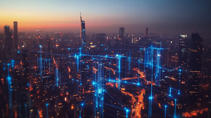 Fototapeta premium Abstract business man stands on the peak of success amid tall, innovative Smart city and graphs with statistics to analyze business potential and predict future developments in company growth.