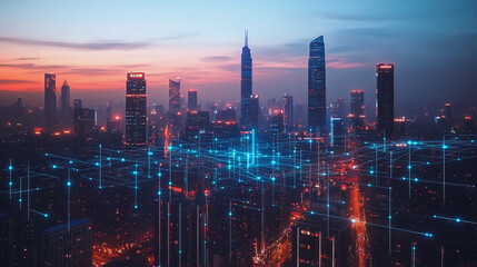 Fototapeta premium Abstract business man stands on the peak of success amid tall, innovative Smart city and graphs with statistics to analyze business potential and predict future developments in company growth.