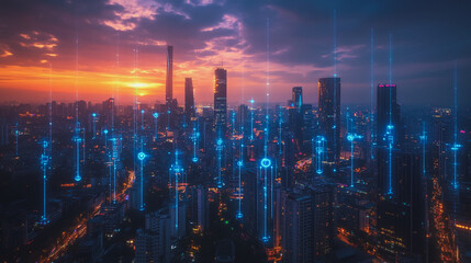 Fototapeta premium Abstract business man stands on the peak of success amid tall, innovative Smart city and graphs with statistics to analyze business potential and predict future developments in company growth.