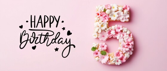 Naklejka premium Happy 5th Birthday Floral Cake Number Five Pink Background Stock Photo
