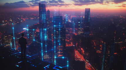 Fototapeta premium Abstract business man stands on the peak of success amid tall, innovative Smart city and graphs with statistics to analyze business potential and predict future developments in company growth.