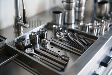 Fototapeta premium Stainless steel cocktail making equipment is laid out neatly on a bar, ready for a professional bartender to make a drink