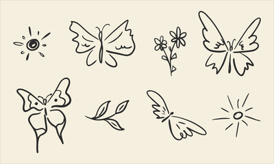 Set of butterflies and plants icons isolated on light background. Collection of hand drawn butterflies. Design elements for your project. Vector illustration