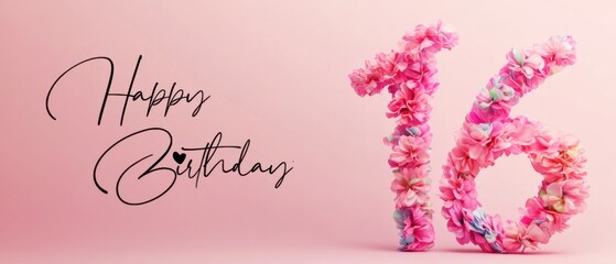 Happy 16th Birthday Floral Number Sixteen Pink Background