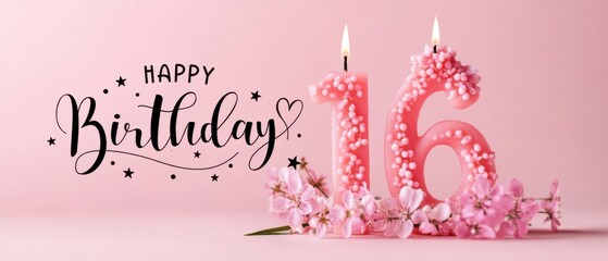 Sweet Sixteen Birthday Candles with Pink Flowers and Happy Birthday Text