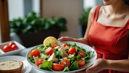 A woman in an orange dress holding a plate of fresh salad with tomatoes, greens, and lemon slices, set in a cozy dining space.  
