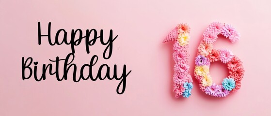 Naklejka premium Happy 16th Birthday Floral Number Sixteen Pink Background Stock Photo