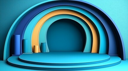 Obraz premium Abstract Archway: A minimalist, geometric background with a layered archway formed by overlapping circles in various shades of blue, orange, and yellow. The abstract.