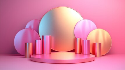 Abstract Geometric Shapes: A vibrant and modern composition featuring a circular podium, cylinders, and abstract shapes in various shades of pink, gold, and iridescent, bathed in a soft light.
