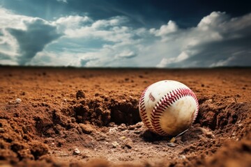 Worn baseball resting on the infield dirt of a baseball field, with a dramatic cloudy sky overhead