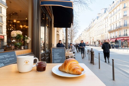 Terraza animada de un caf&eacute; parisino en primavera con croissant y bebida caliente