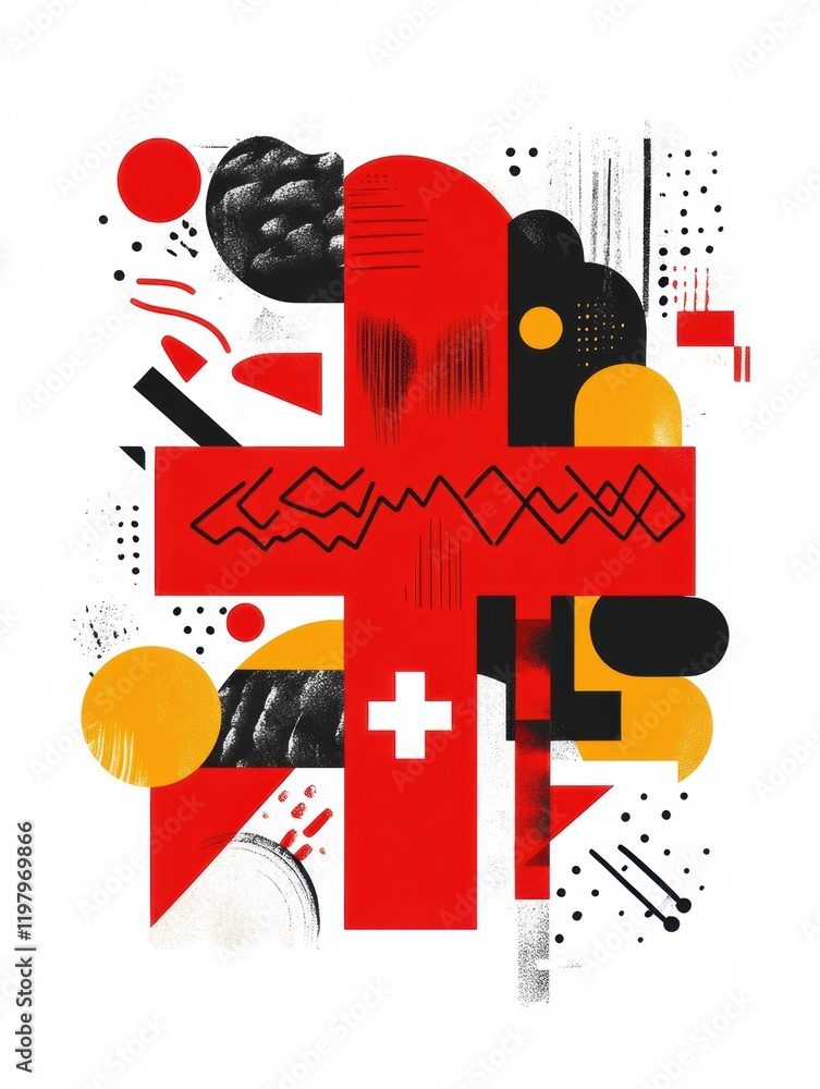 Aufkleber Prominent red cross abstraction with geometric shapes and contrasting colors in contemporary design. Generative AI