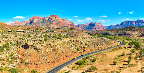 Aerial Red Rock Mesas and Winding Road in Zion National Park