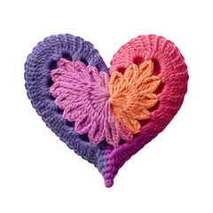 Crocheted multi-colored heart on a transparent background.