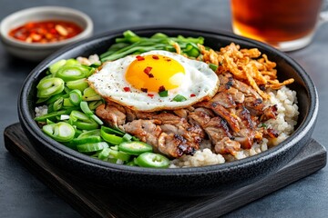Disfrute de un sabroso plato tailandés con carne a la parrilla, vegetales frescos y un huevo frito