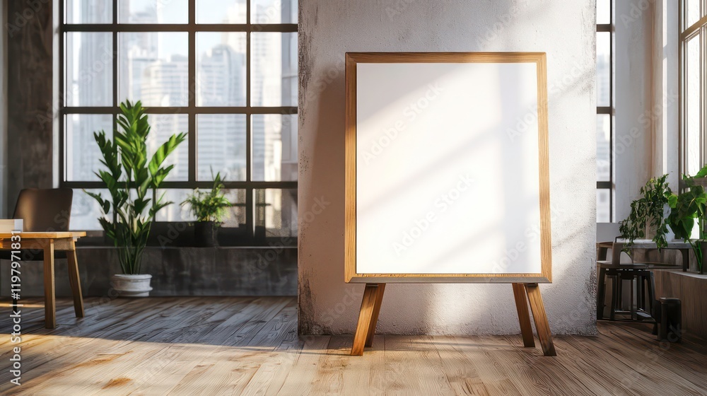 Poster blank canvas on easel in modern loft office with large windows and plants.