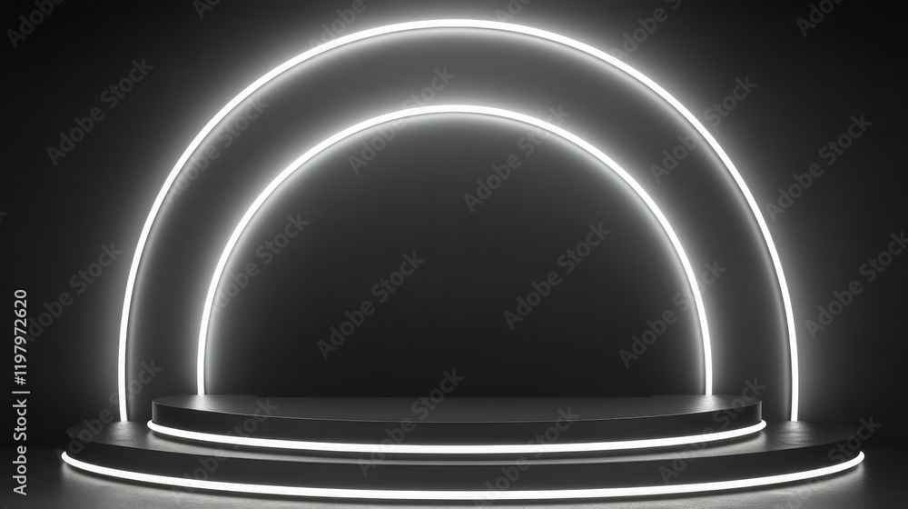 Poster Abstract 3D render of a dark stage with bright neon light circles.