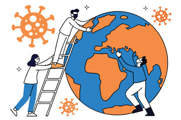 Minimalist illustration, tiny people cleaning a giant globe, educational concept, flat design, bright colors, blue and orange, teamwork, world maintenance, ladder, cartoon style, white background, sim