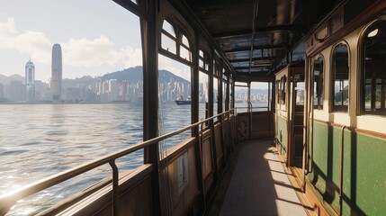 Hong Kong ferry, harbor cruise, city skyline, sunlit deck, travel