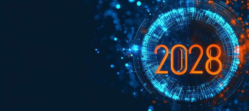 Glowing Digital 3D Number 2028 in Futuristic Style on Dark Background with Blue Lights - Powered by Adobe