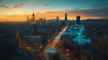 Naklejka premium Abstract business man stands on the peak of success amid tall, innovative Smart city and graphs with statistics to analyze business potential and predict future developments in company growth.