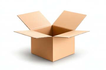 Caja de cartón simple y abierta sobre fondo blanco, lista para ser utilizada en el embalaje de objetos
