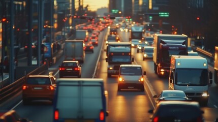 Cars and trucks caught in heavy traffic on a highway during sunset rush hour, creating delays and mounting frustration for commuters navigating the bustling city streets