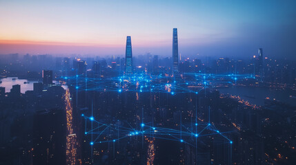 Obraz premium Abstract business man stands on the peak of success amid tall, innovative Smart city and graphs with statistics to analyze business potential and predict future developments in company growth.