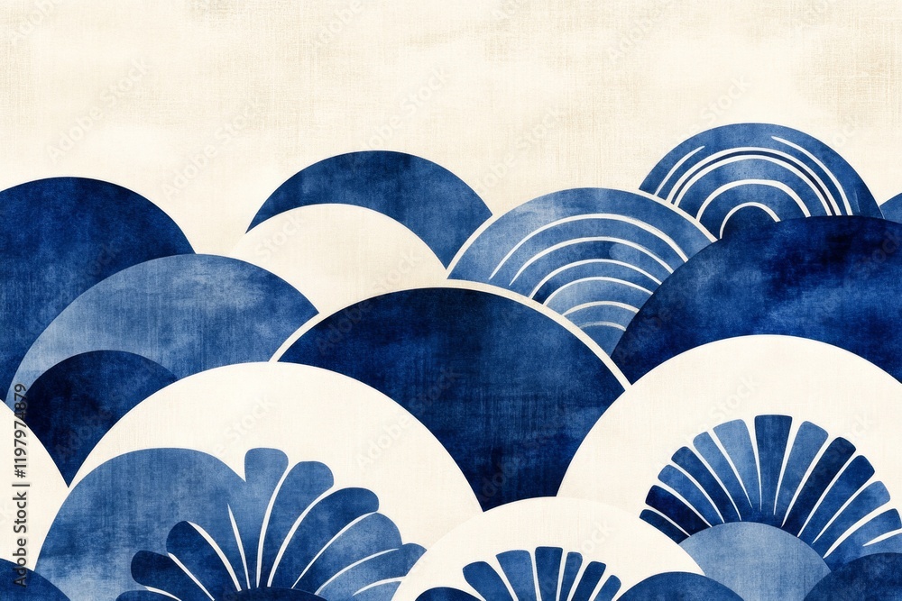 Poster a flat, repeating pattern of small waves in alternating blue and white, perfect for a minimalist wal