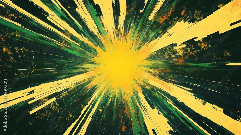 Poster abstract vibrant yellow and green burst radiating outwards from central point, creating dynamic moti