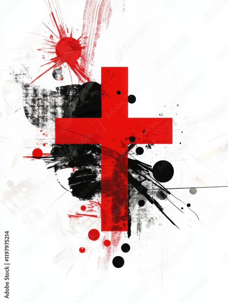 Leinwandbilder Prominent red cross abstraction with dynamic splashes of color creating a compelling visual composition in modern design. Generative AI