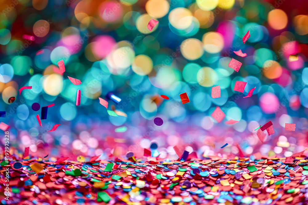 Poster colorful explosion of confetti is falling from the sky. the confetti is in various colors and sizes,