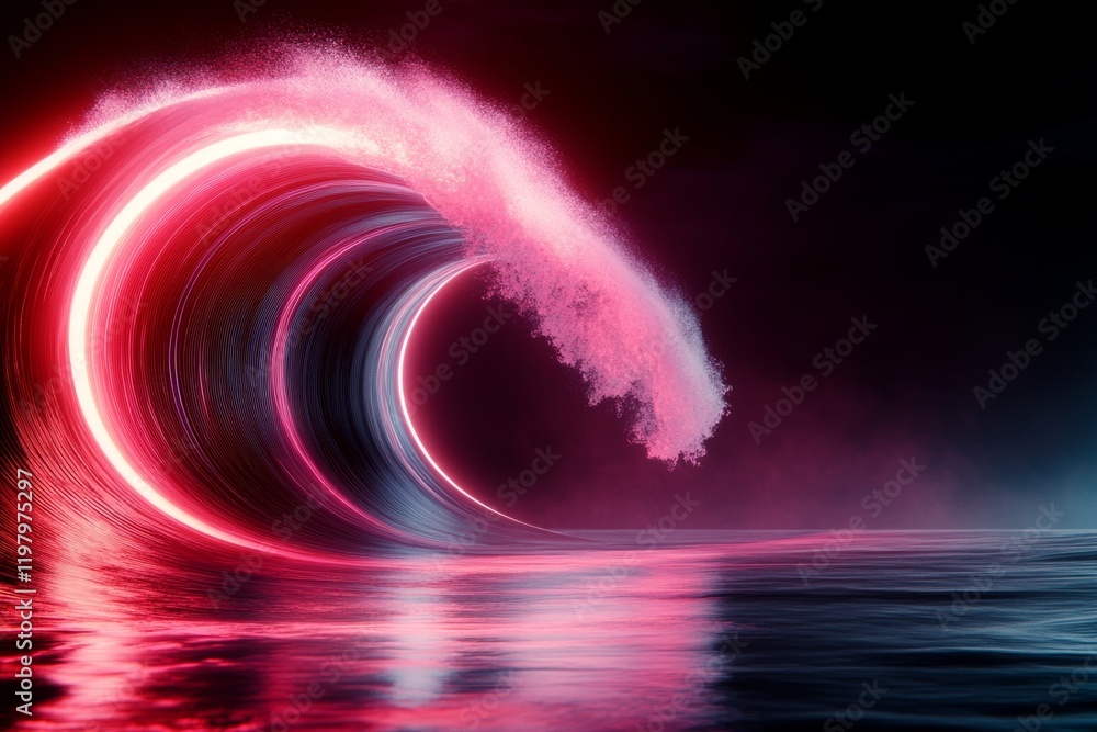 Poster a futuristic wave made of glowing neon lines, cresting dramatically in a dark digital ocean with a c