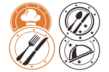 Minimalist utensil icons, circular designs, spoon fork knife silhouettes, orange and black color scheme, simple graphic elements, restaurant menu symbols, flat vector illustration, clean geometric sha