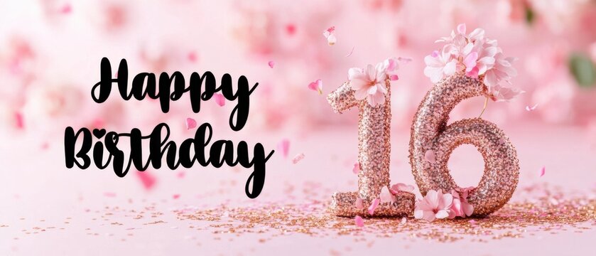 Sparkling Rose Gold 16th Birthday Celebration with Pink Flowers and Confetti