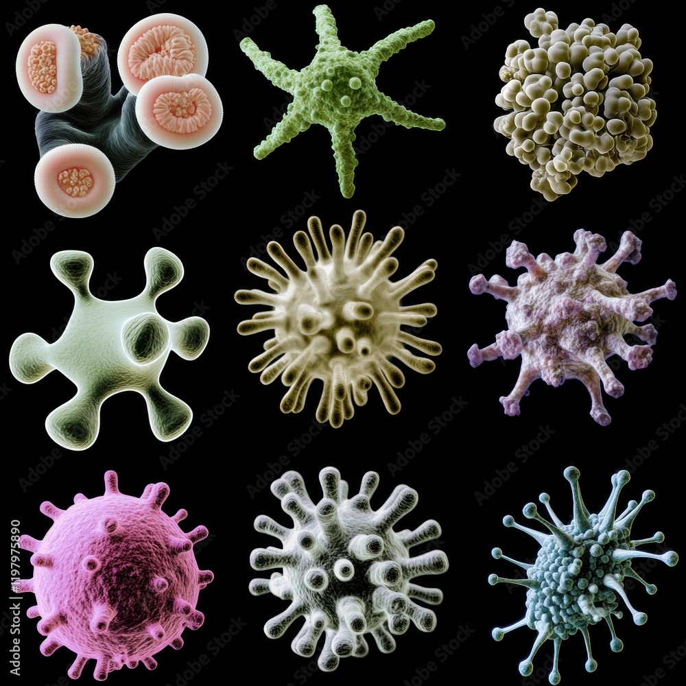 Aufkleber evolving bacteria showcasing diverse morphology and growth stages under microscopic examination. gen