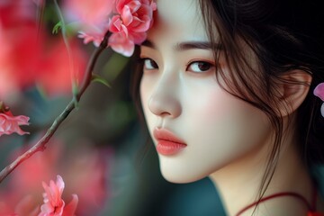 Naklejka premium Tranquil young woman surrounded by pink blossoms in a serene and peaceful outdoor floral portrait. Exuding elegance and grace while daydreaming amidst the gentle and vibrant nature of spring