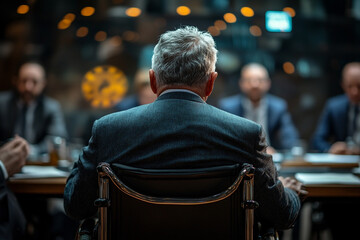 Leader in wheelchair conducts a business meeting with attentive executives