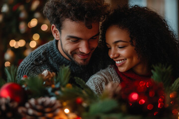 Multicultural couple joyfully decorating their home for the holiday season