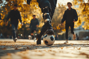 Person with prosthetic leg enjoys football with friends in autumn park
