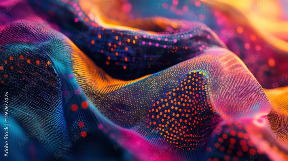 Poster abstract colorful wave pattern with glowing dots, vibrant digital art background.