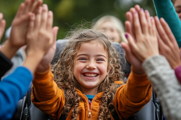 Team celebrates success with joyful high-fives among diverse ages and abilities