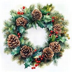 Christmas Wreath with Pinecones and Holly Leaves