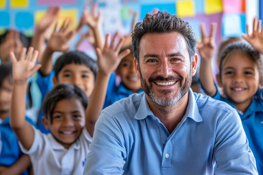 Teacher engages students in inclusive classroom using sign language techniques